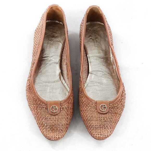 GIORGIO ARMANI Tan Woven Leather Ballet Flats - Picture 1 of 10